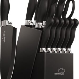 Knife Set, Amorston 15 Pieces Knife Sets for Kitchen with Block, Dishwasher Safe Kitchen Knife Set with Built in Sharpener Block, German Stainless Steel Knife Block Set, Blac